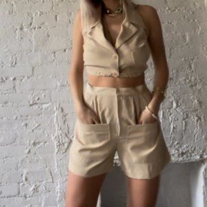 Handmade & One of a kind Tan Collar Crop Top and Pleated Trouser Shorts